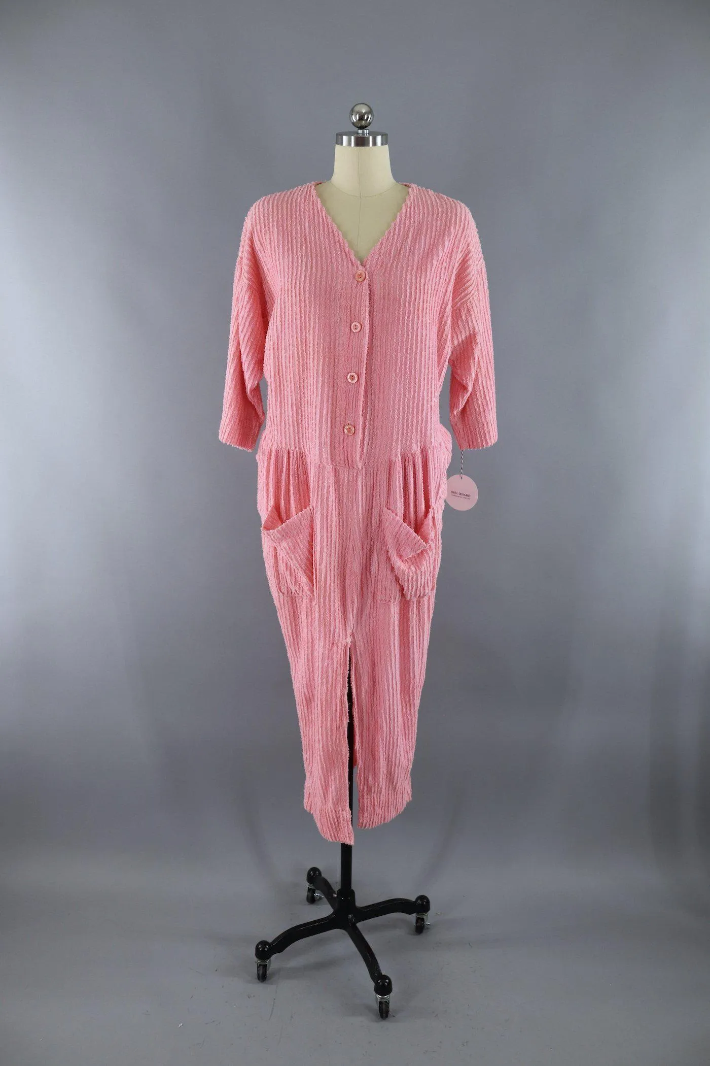 Vintage 1980s Pink Chenille Caftan House Dress Robe