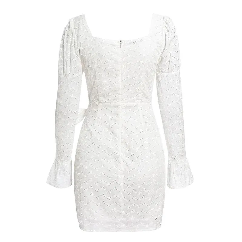 Vintage Puff Sleeve White Elegant Bodycon Ruffle Ruched Mini Wrap Dress