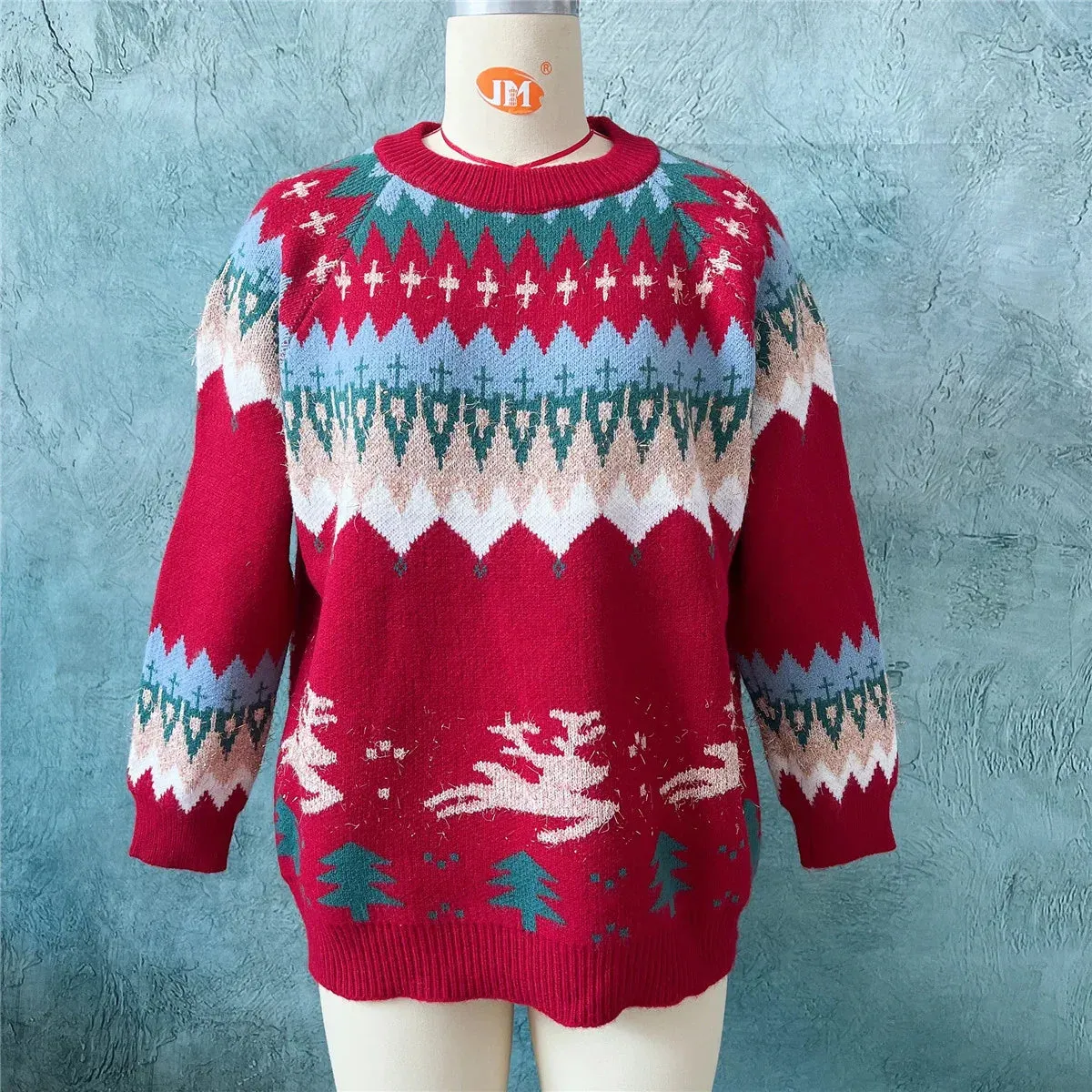 Wenkouban-Christmas Thanksgiving outfits_Thicken Raglan Sleeves Elk Christmas Tree Gold Pullover New Year Christmas Sweater