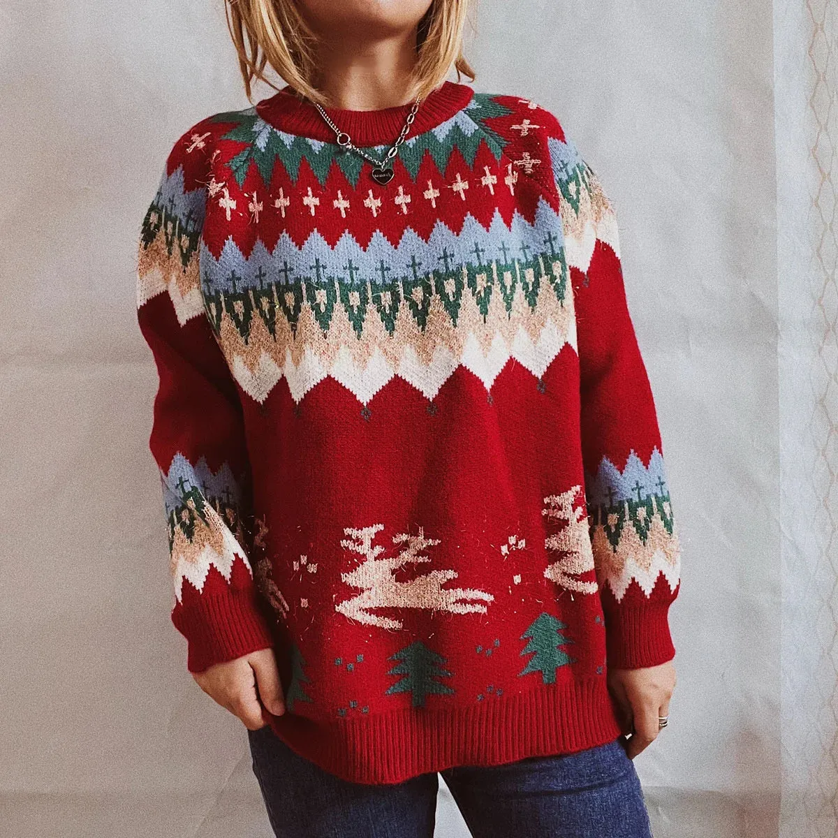 Wenkouban-Christmas Thanksgiving outfits_Thicken Raglan Sleeves Elk Christmas Tree Gold Pullover New Year Christmas Sweater