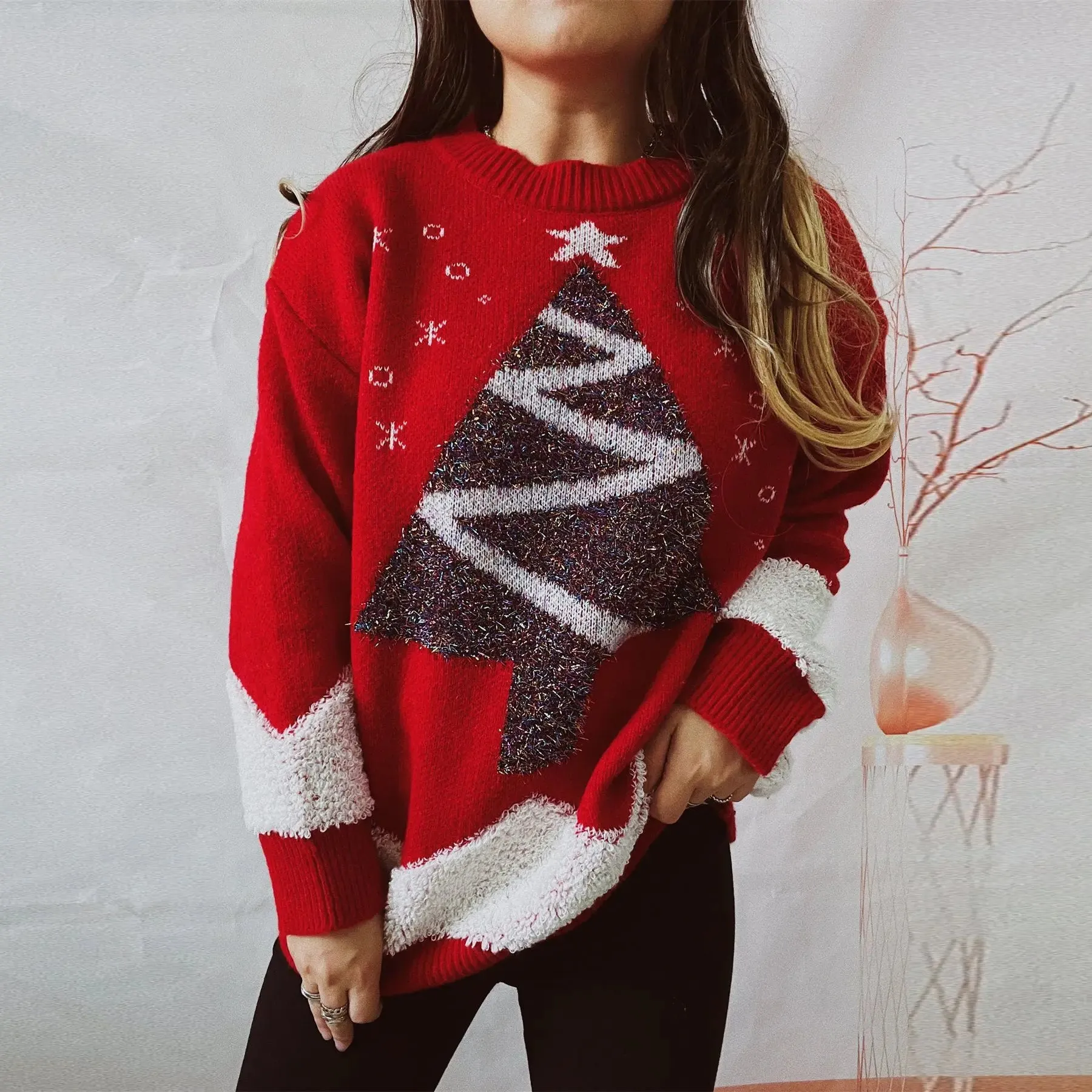 Wenkouban-Christmas Thanksgiving outfits_Tree Gold Thread Flocked Round Neck Long Sleeved Loose Knit Pullover Christmas Sweater