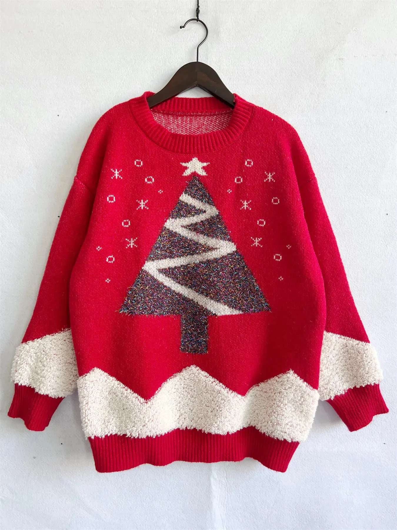 Wenkouban-Christmas Thanksgiving outfits_Tree Gold Thread Flocked Round Neck Long Sleeved Loose Knit Pullover Christmas Sweater