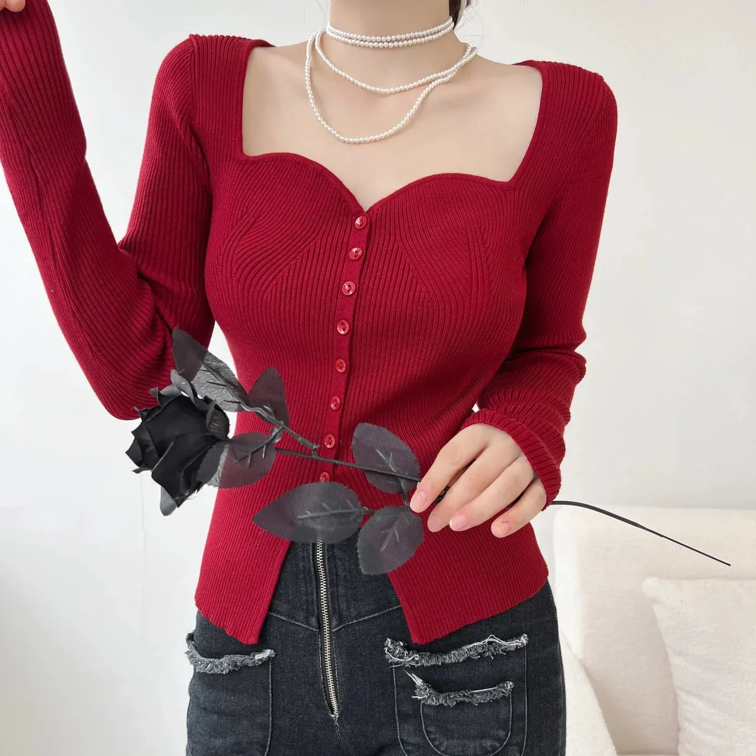 Wenkouban-Christmas Thanksgiving outfits_Vintage Long Sleeve Square Collar Slim Fashion Red Christmas Sweater