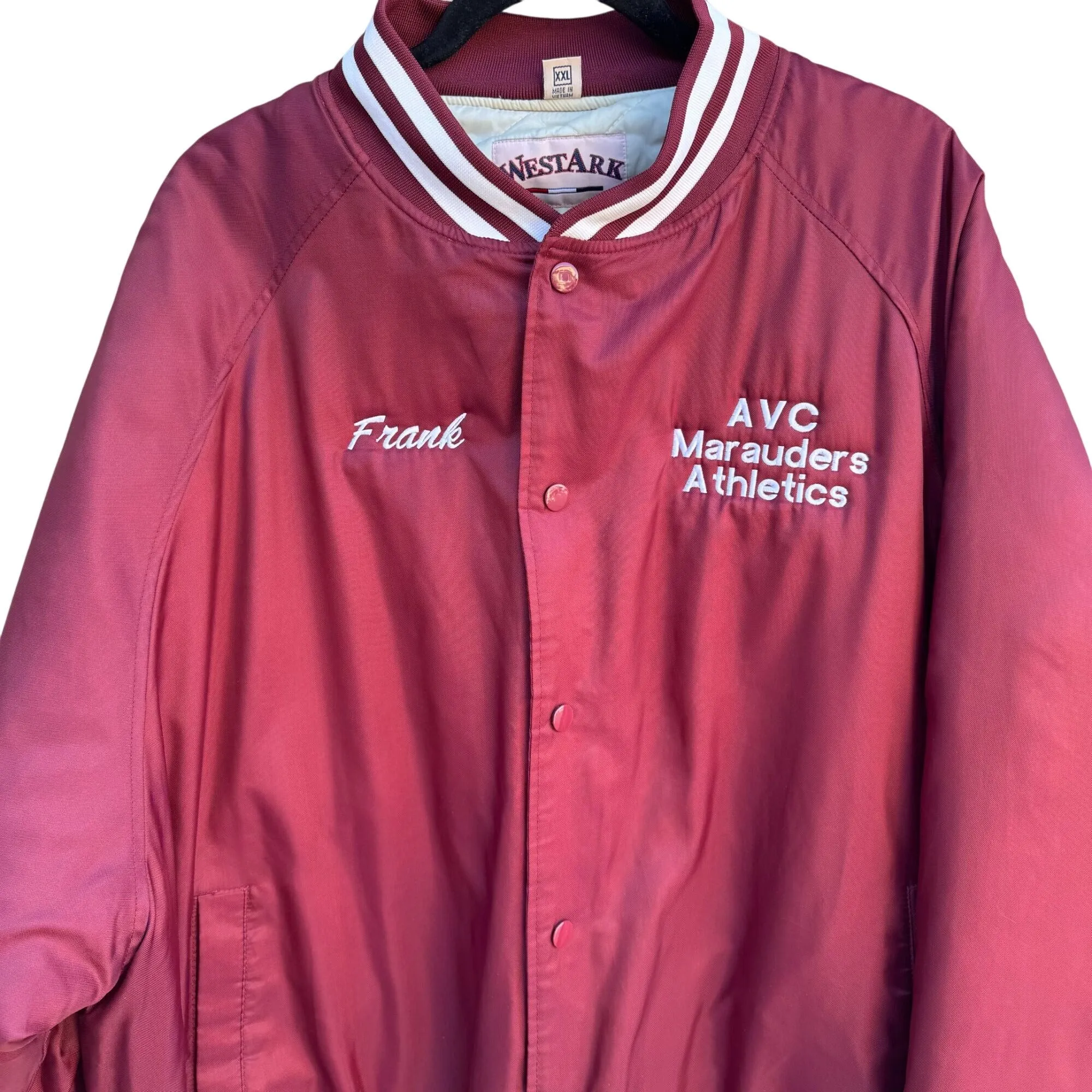 WestArk Vintage AVC Marauders Athletics Maroon Quilted Satin Bomber Jacket XXL