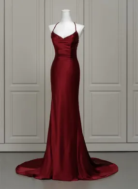 Wine Red Mermaid Backless Long Evening Dress, Wine Red Long Prom Dress