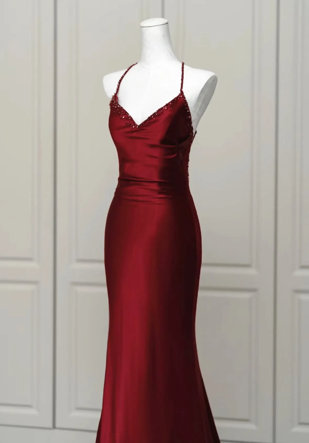 Wine Red Mermaid Backless Long Evening Dress, Wine Red Long Prom Dress