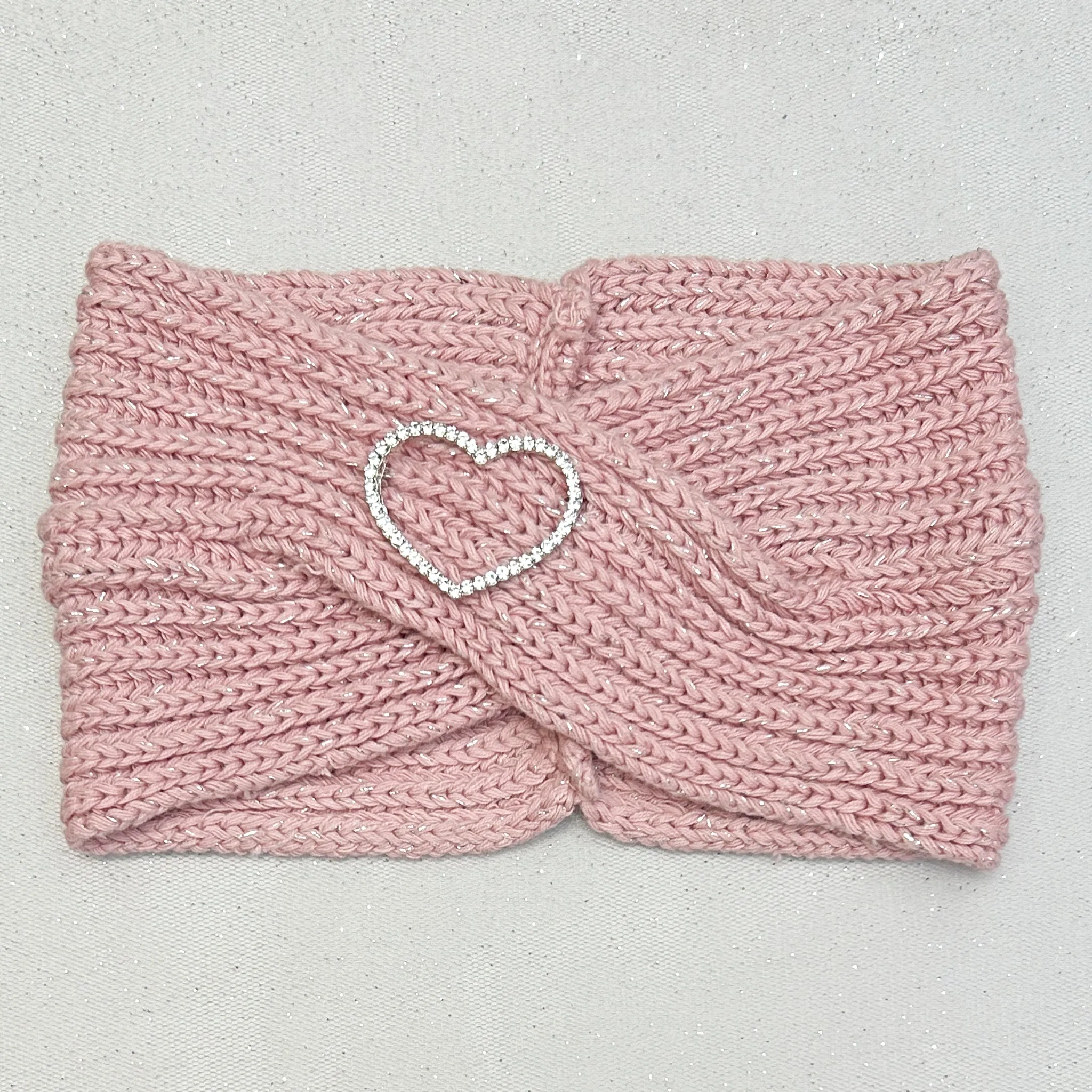 Winter Headband Pink with Heart Brooch in Organic Cotton Lurex Sustainable