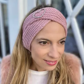 Winter Headband Pink with Heart Brooch in Organic Cotton Lurex Sustainable