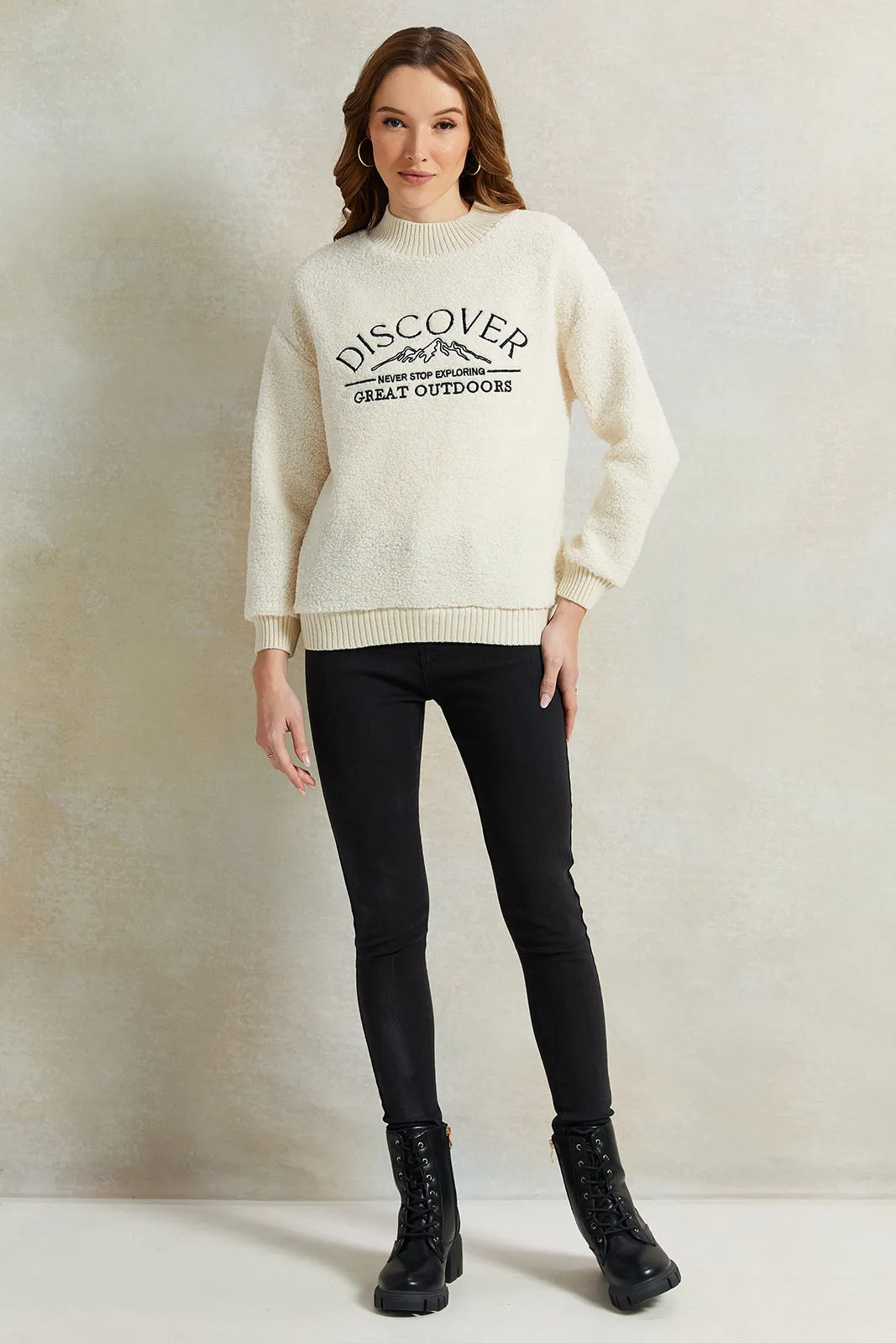 Women Cream Fleece Embroidered Sweatshirt