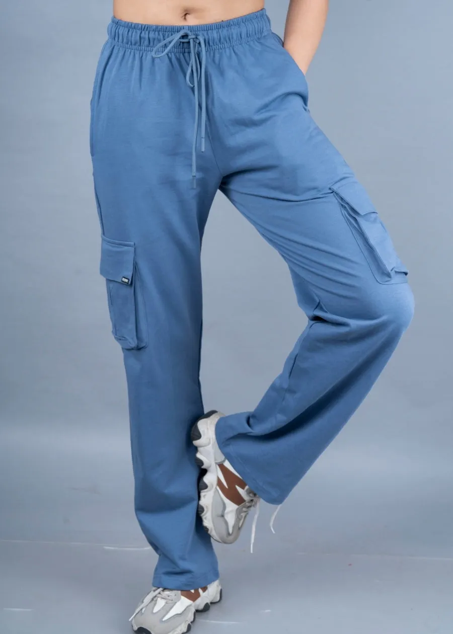 Women Premium Terry Cargo Pants - Teal Blue