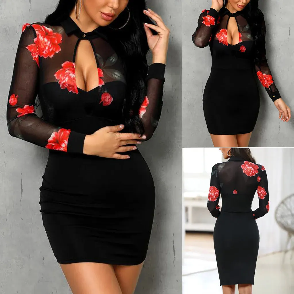 Women Spring Summer Long Sleeve Bodycon Mesh Patchwork Black Slim Package Hip Mini Dress 2023 Female Clothing Streetwear