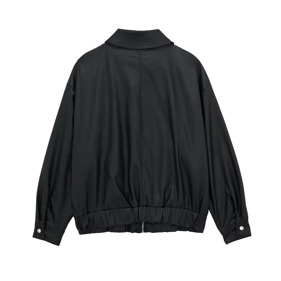 Women's Lapel Loose Faux Leather Bomber Jacket Coat