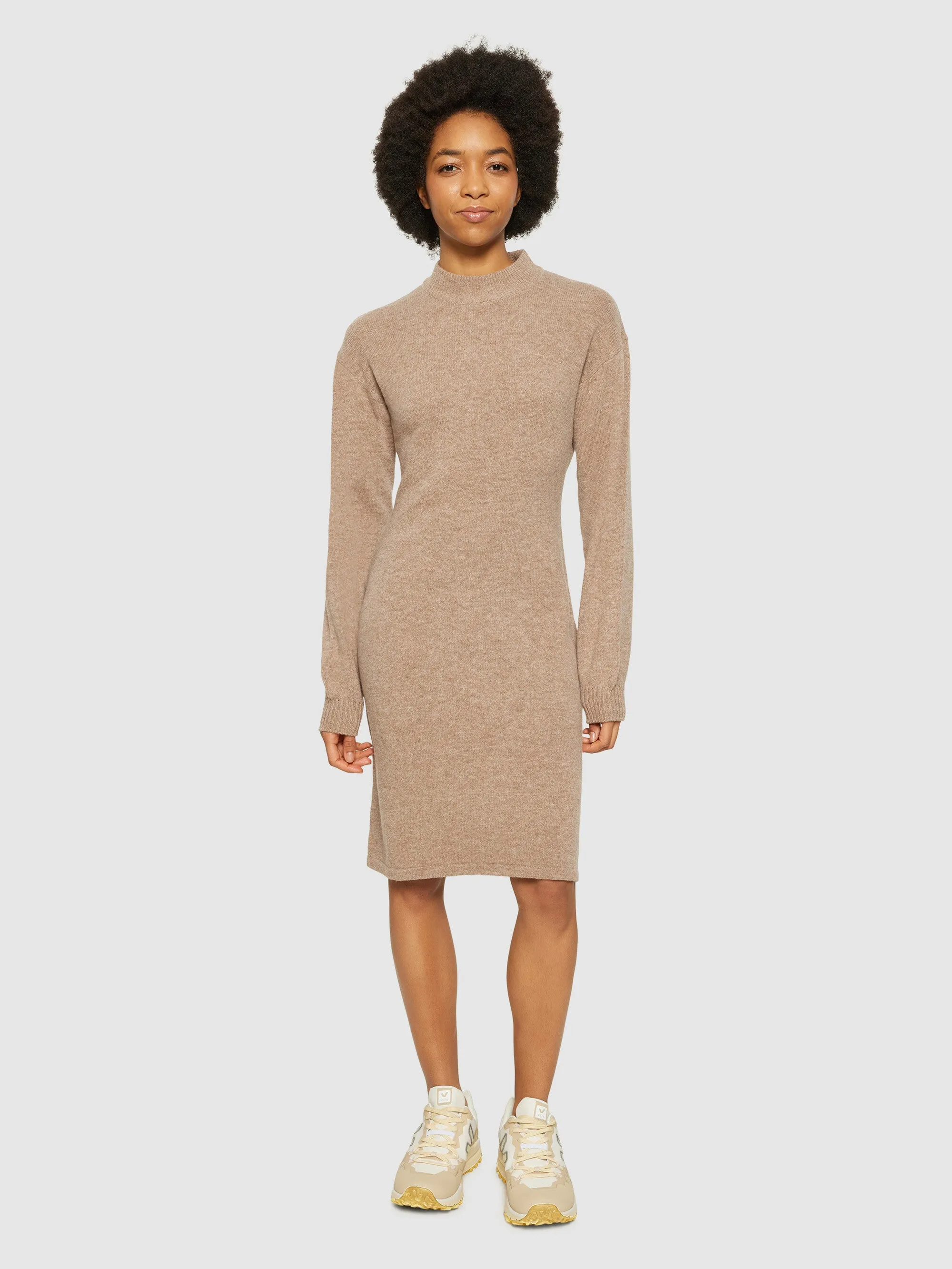 Wool crew neck mid length dress - Kelp melange